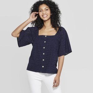 A New Day Tops | Navy Square Neck Button-Up Top | Color: Blue | Size: L